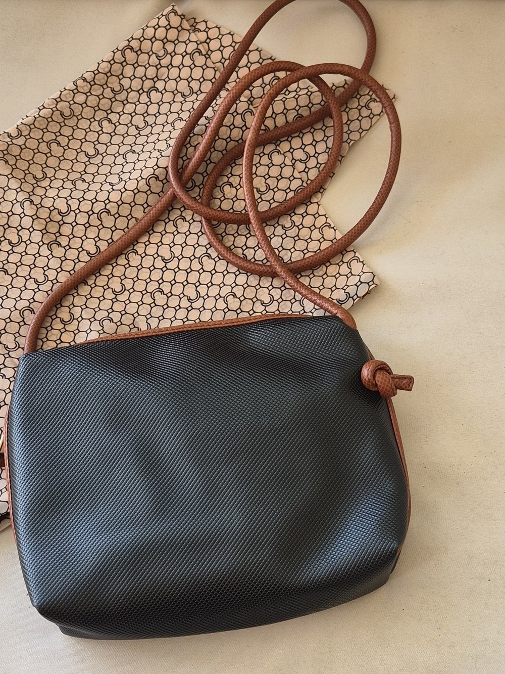 Bottega Veneta Vintage Marco Polo Crossbody Bag Black Tan Leather Textured Mini